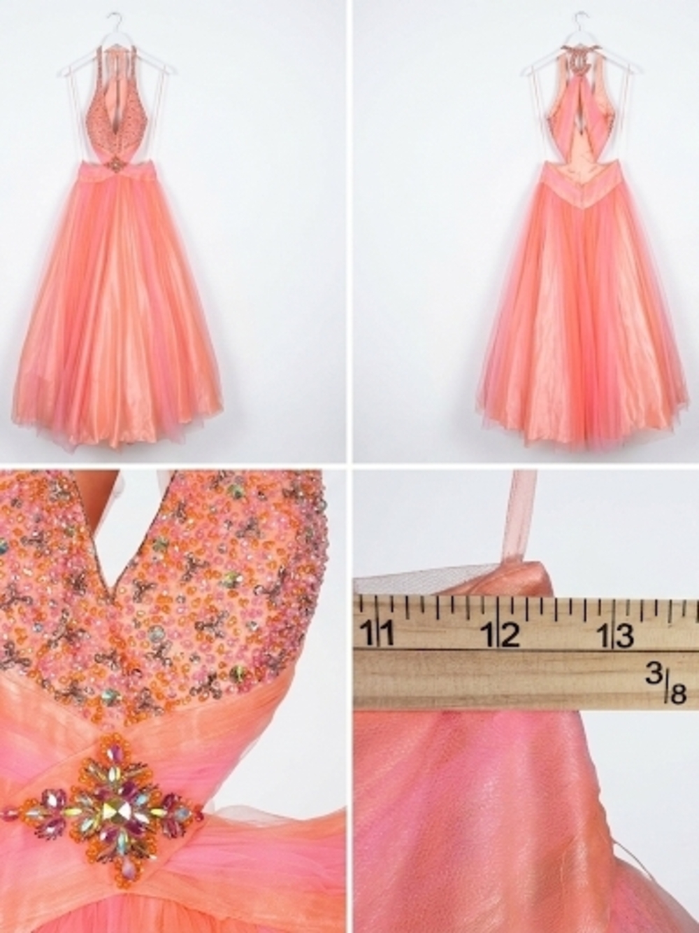 Mac Duggal‎ Coral-Peach Halter Tulle Ball Gown - Picture 3 of 11